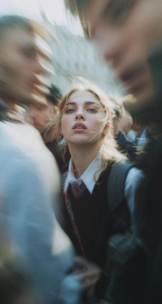 Paparazzi-style extreme close-up photo of a woman wi
