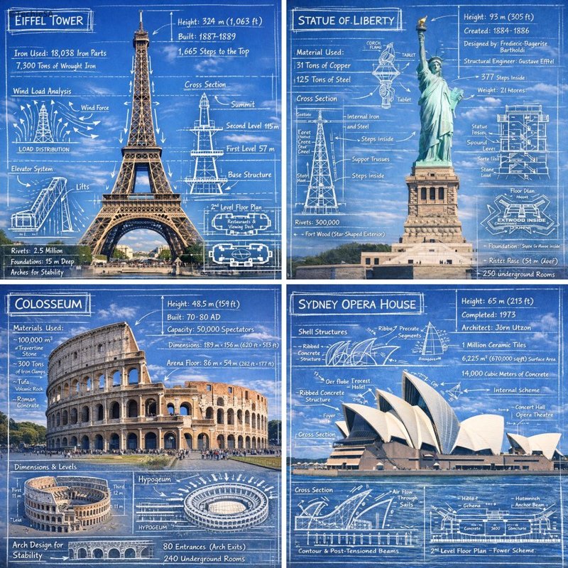 Create an infographic image of [LANDMARK], combining a real photograph…
