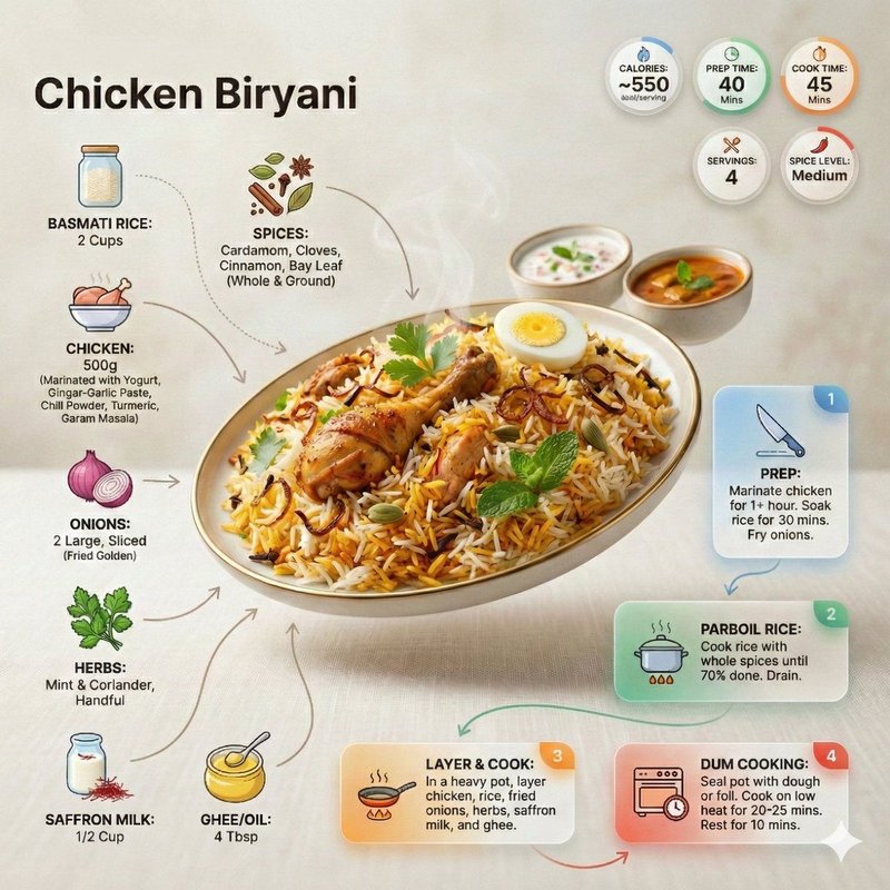 Ultra-clean modern recipe infographic. Showcase briyani in a visually …