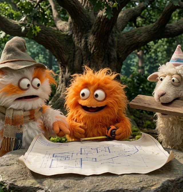 Create a funny 4-part story featuring 3 fluffy creat
