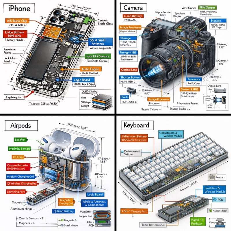 Create a technical infographic of [OBJECT] with a 45-degree isometric …