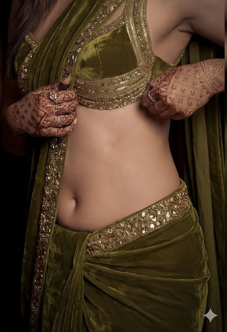 A detailed, high-fashion studio photograph of a woman posing gracefull…