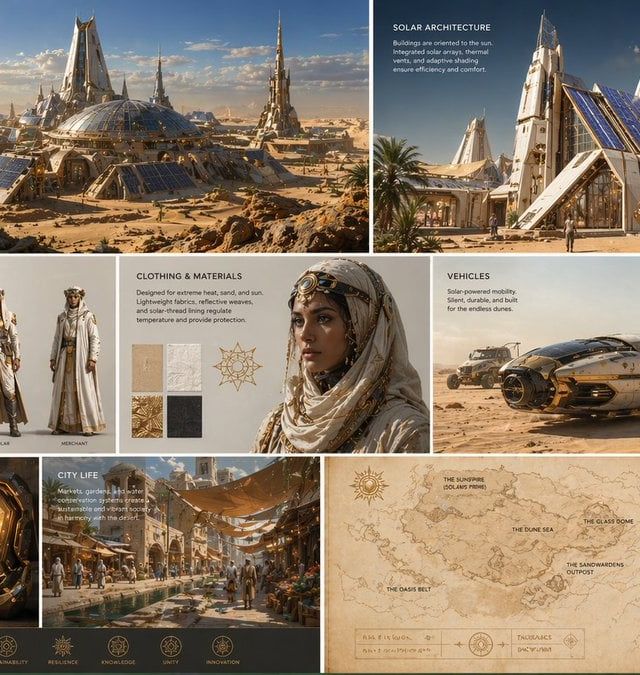 Create a complete visual worldbuilding set for a fut