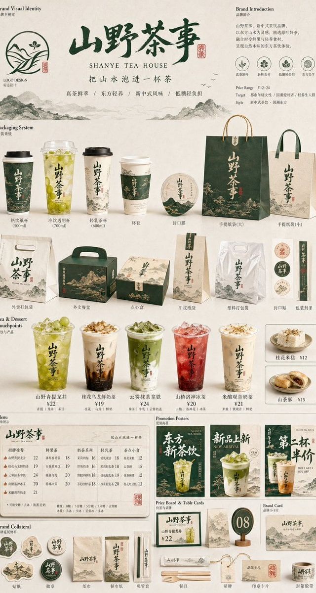 生成一张 餐饮品牌触点矩阵]系列视觉图，用于展示一个完整的餐饮品牌视觉系统与包装应用方案。

这是一个面